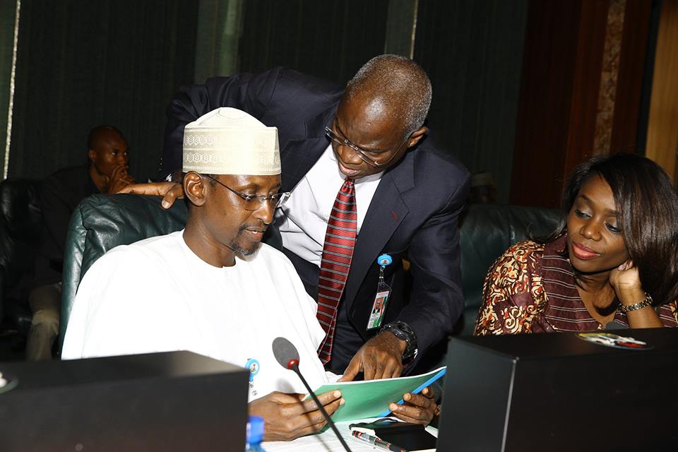 Minister of FCT, Muhammadu Bello, Minister of Power, Works and Housing, Babatunde Fashola, and the Minister of Finance, Kemi Adeosun during Federal Executive Council (FEC) meeting at the State House in Abuja on Wednesday, February 17, 2016.