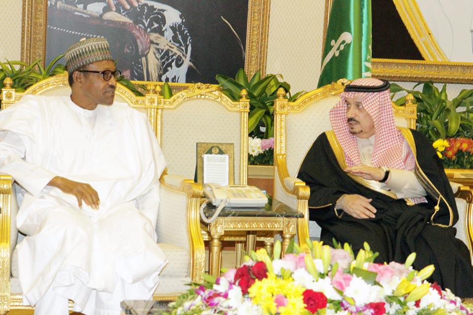President Muhammadu Buhari Being Welcomed By Governor Of Riyadh, Prince Faisal Bandar Bn Abdulaziz Al-Saud At The Royal Terminal Of Riyadh International Airport.