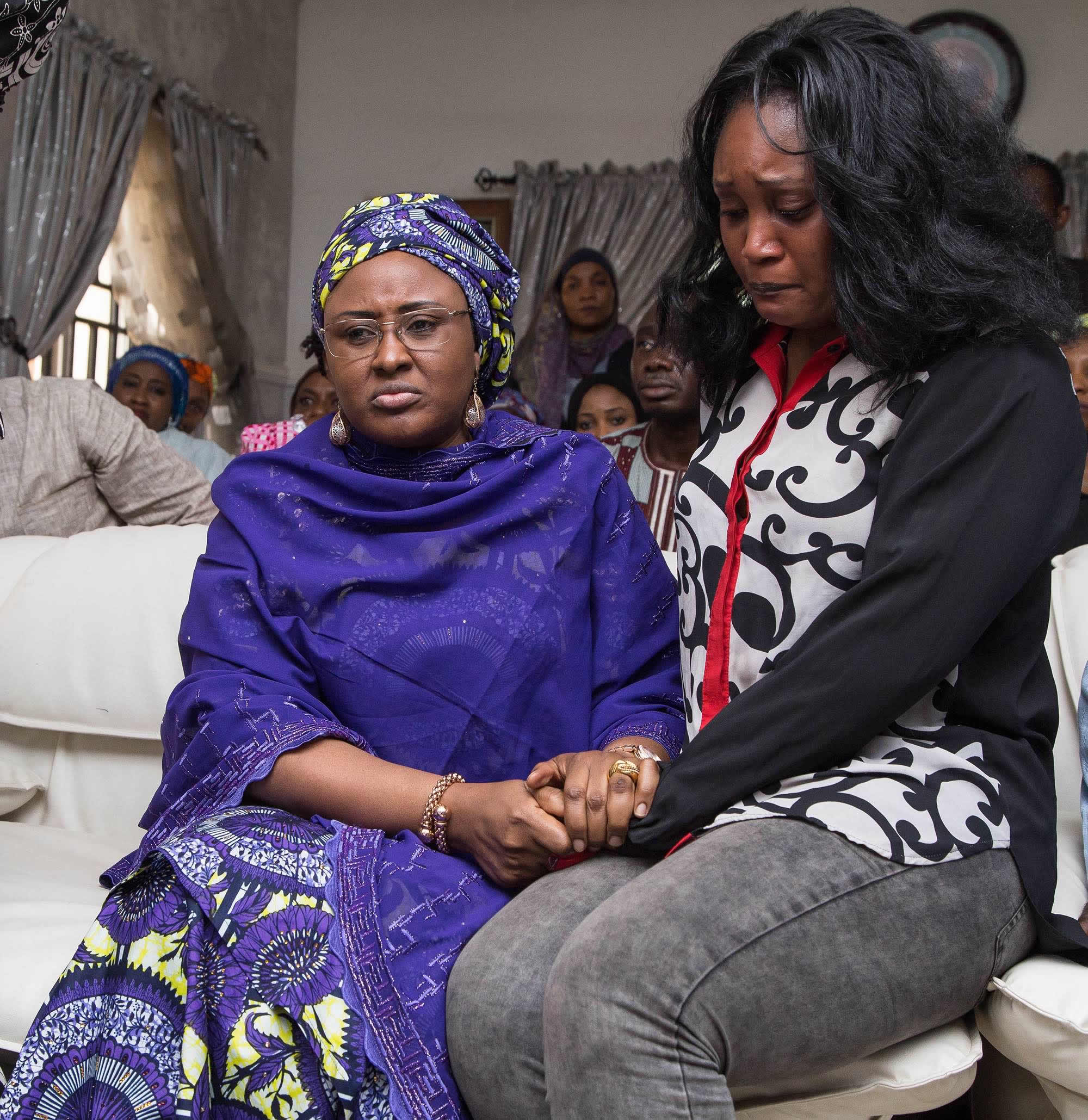 Wife of the President, Mrs Aisha Muhammadu Buhari condoling with Blessing Ocholi over the death of her father, Mr. James Ocholi, mother and brother in a ghastly motor accident along Kaduna-Abuja highway.