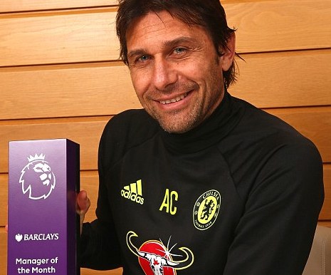 Chelsea boss Antonio Conte named manager of the month for a record third time in a row
