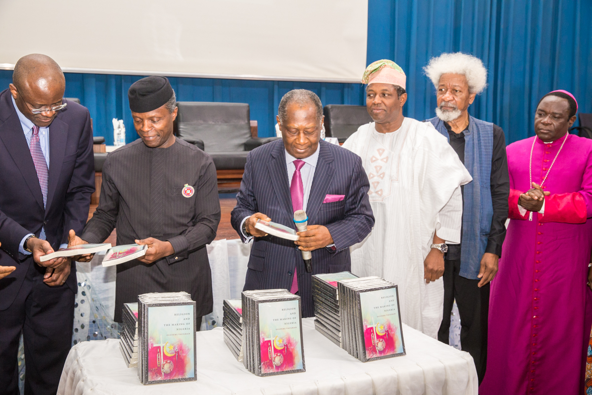 Vice President Yemi Osinbajo, Senator Bassey Ewa-Henshaw, Ambassador Folasho Olukoya; Professor Wole Soyinka and Bishop Matthew Hassan Kukah during discussion on a book titled Religion & Making of Nigeria