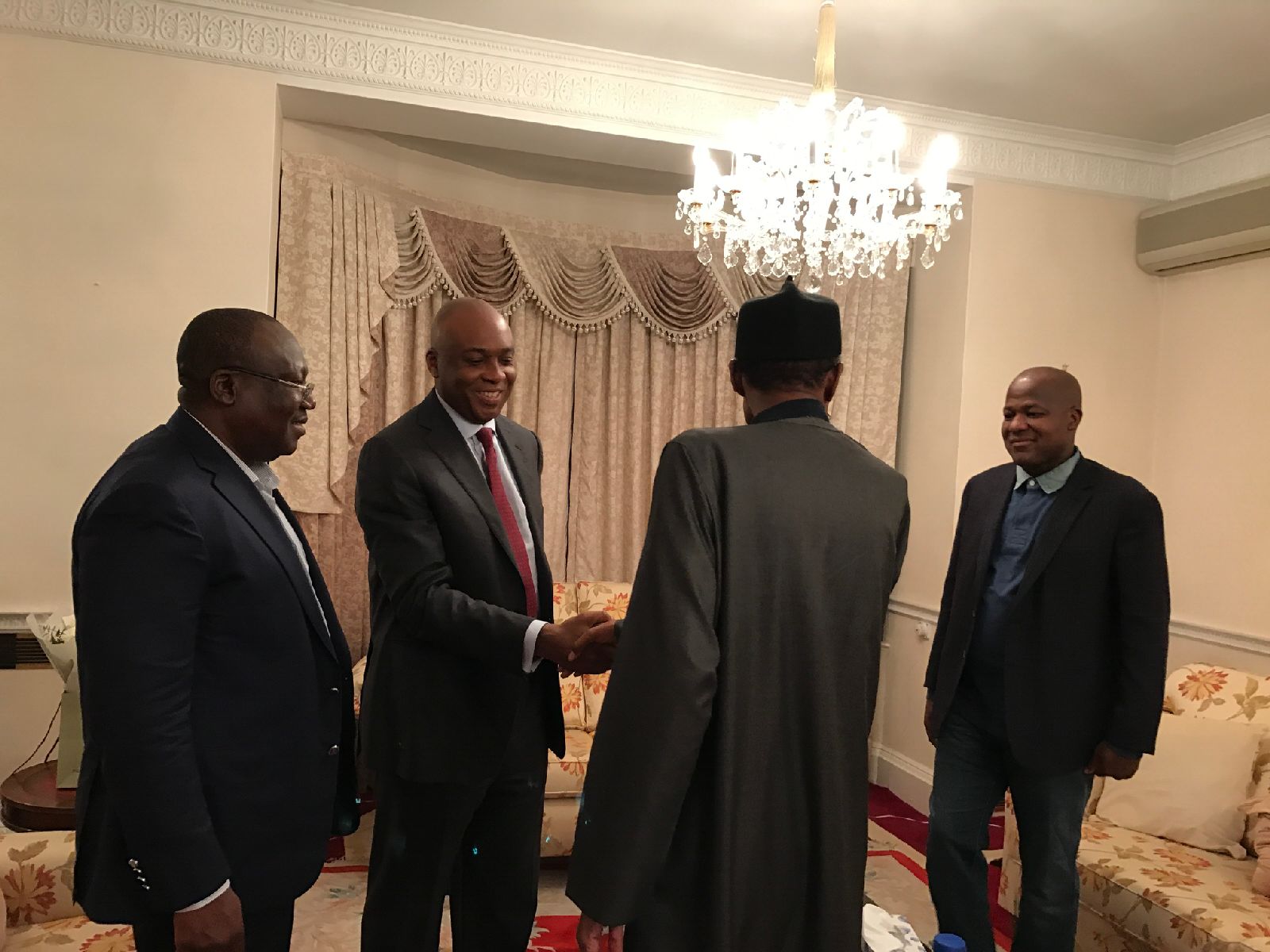 President Muhammadu Buhari receives the Senate President, Bukola Saraki; the Speaker, House Of Representatives, Yakubu Dogara and the Senate Leader, Ahmed Lawan, during their visit to the President in London, Wednesday.