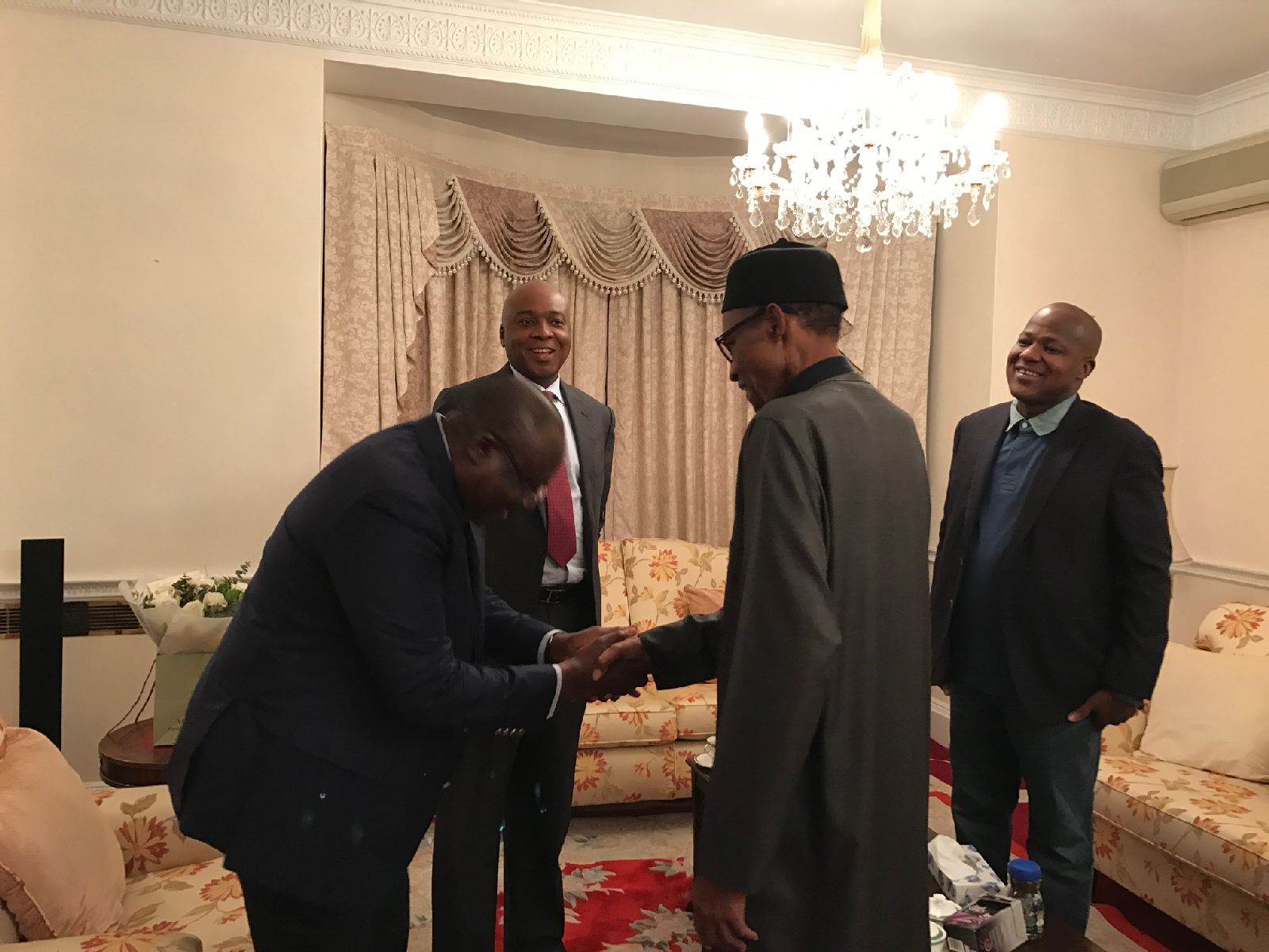 President Muhammadu Buhari receives the Senate President, Bukola Saraki; the Speaker, House Of Representatives, Yakubu Dogara and the Senate Leader, Ahmed Lawan, during their visit to the President in London, Wednesday.