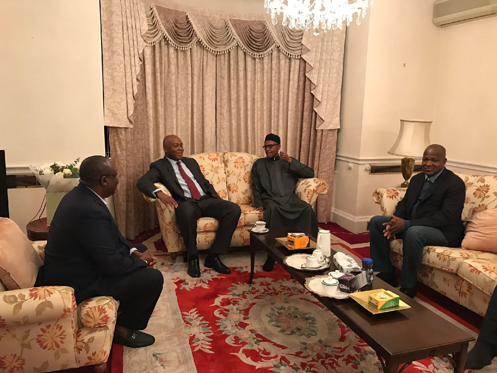 President Muhammadu Buhari receives the Senate President, Bukola Saraki; the Speaker, House Of Representatives, Yakubu Dogara and the Senate Leader, Ahmed Lawan, during their visit to the President in London, Wednesday.