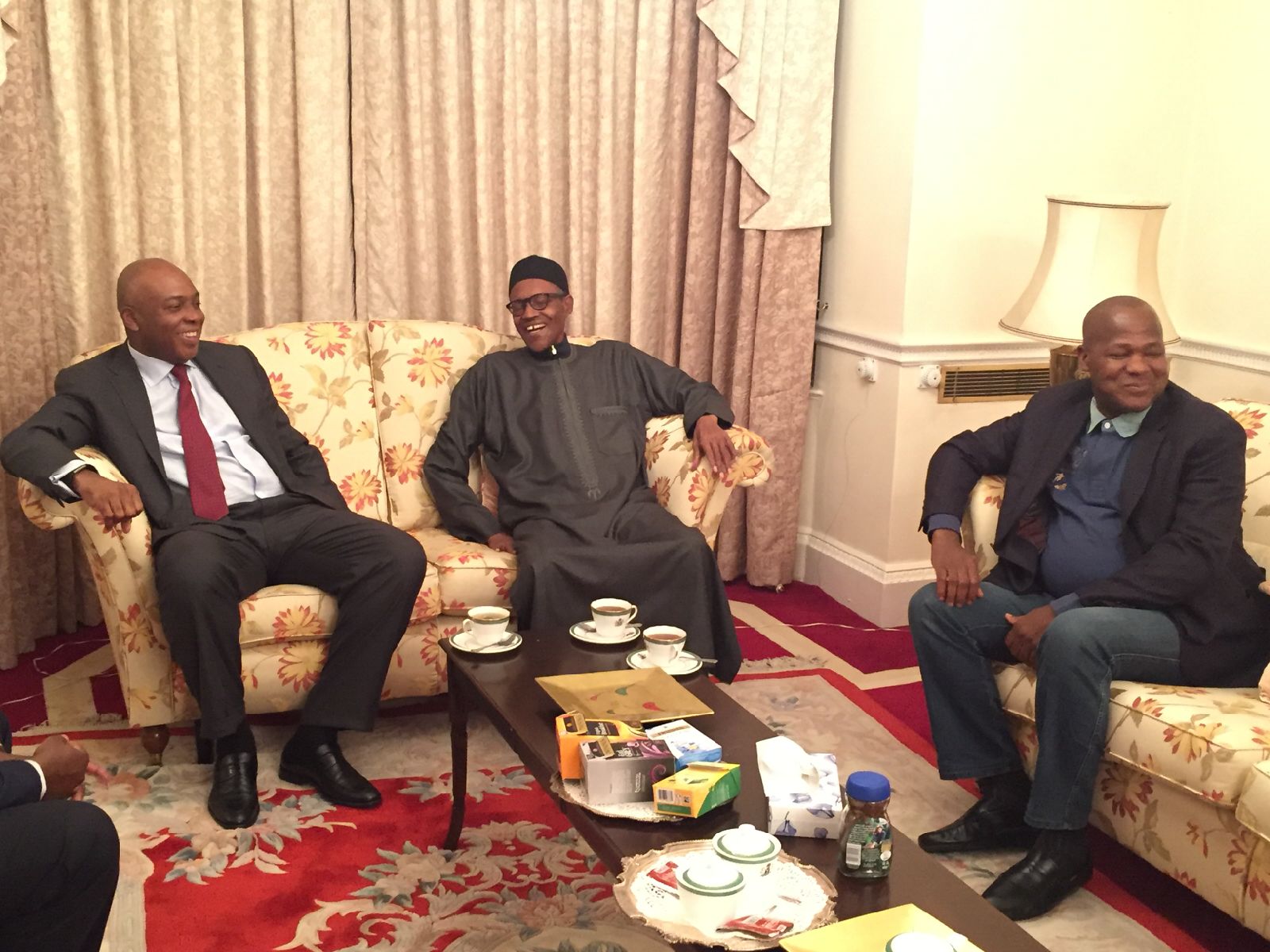 President Muhammadu Buhari receives the Senate President, Bukola Saraki; the Speaker, House Of Representatives, Yakubu Dogara and the Senate Leader, Ahmed Lawan, during their visit to the President in London, Wednesday.