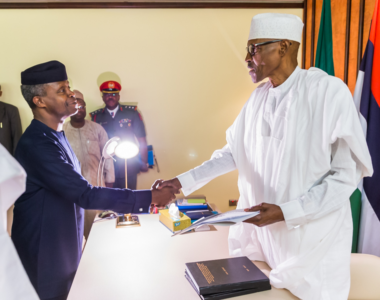 Photo News: VP Osinbajo submits Presidential Investigation Panel Report on the Allegations against suspended SGF, Babachir Lawal and DG NIA, Ayodele Oke to the President Buhari