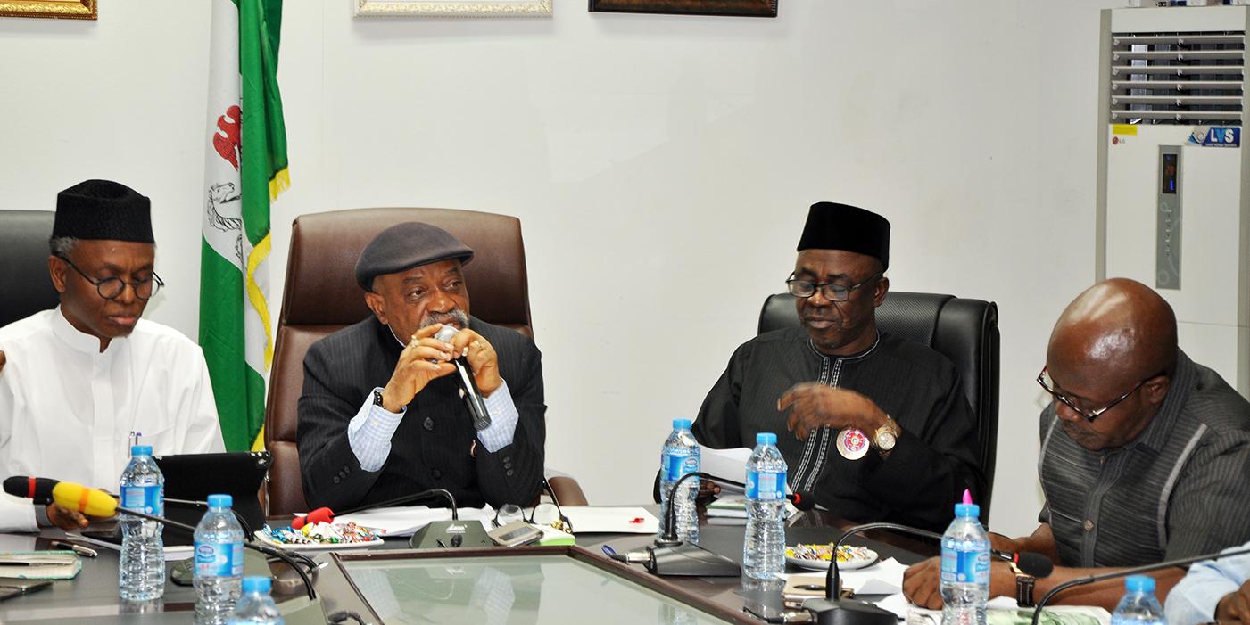 Minister of Labour and Employment, Senator Chris Ngige, Governor Nasiru El-Rufai of Kaduna state, Minister of State Labour and Employment, Professor Stephen Ocheni and the representative of Nigeria Labour Congress (NLC), Benson Upah, during the conciliatory meeting between Kaduna State Government and teachers in the state under the umbrella of Nigeria Union of Teachers (NUT) on Tuesday in Abuja.