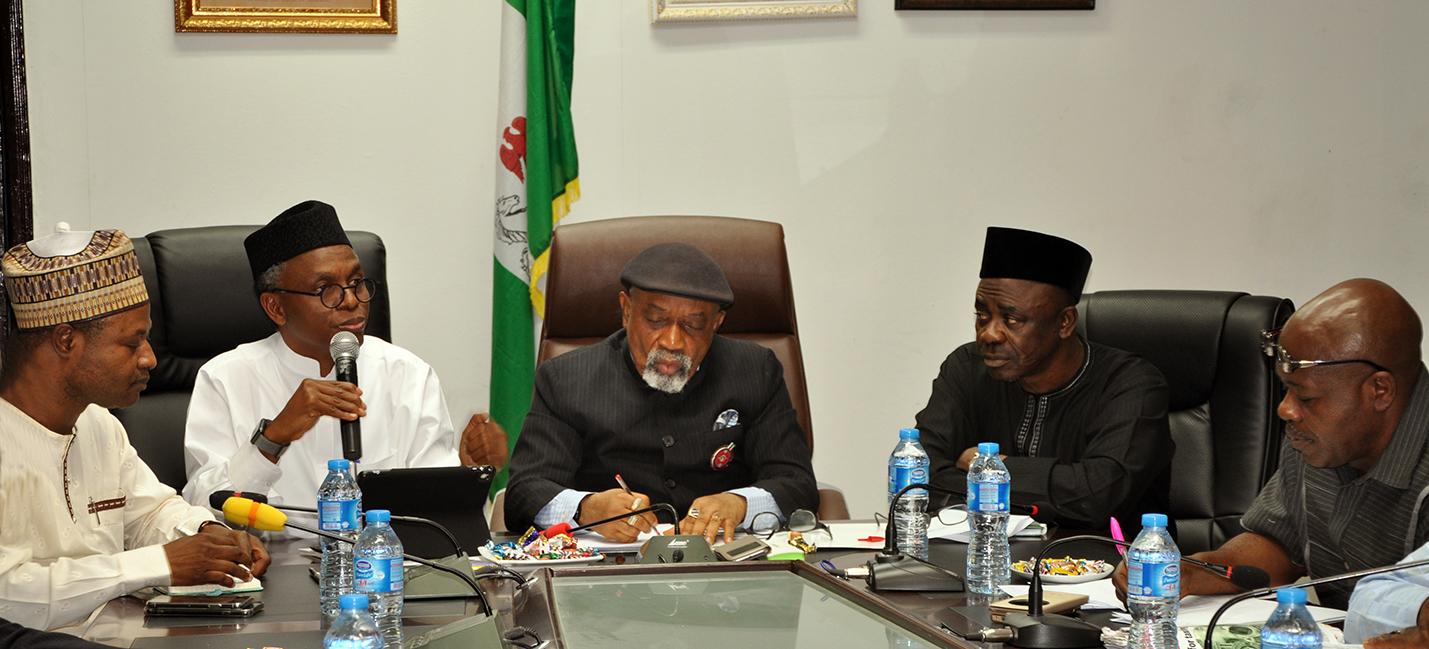 Minister of Labour and Employment, Senator Chris Ngige, Governor Nasiru El-Rufai of Kaduna state, Minister of State Labour and Employment, Professor Stephen Ocheni and the representative of Nigeria Labour Congress (NLC), Benson Upah, during the conciliatory meeting between Kaduna State Government and teachers in the state under the umbrella of Nigeria Union of Teachers (NUT) on Tuesday in Abuja.