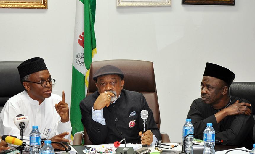 Minister of Labour and Employment, Senator Chris Ngige, Governor Nasiru El-Rufai of Kaduna state, Minister of State Labour and Employment, Professor Stephen Ocheni and the representative of Nigeria Labour Congress (NLC), Benson Upah, during the conciliatory meeting between Kaduna State Government and teachers in the state under the umbrella of Nigeria Union of Teachers (NUT) on Tuesday in Abuja.