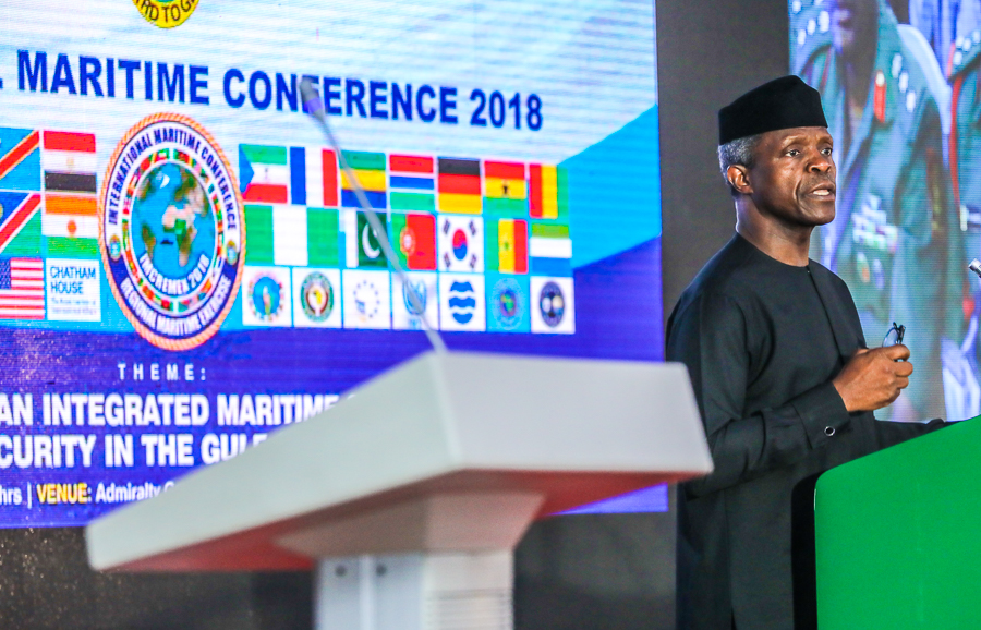 Vice President Yemi Osinbajo declared open the Nigerian Navy International Maritime Conference and Exercise. Theme: Enhancing an integrated Maritime Strategy for Security in the Gulf of Guinea at Admiralty Conference Centre, Naval Dockyard Limited, Lagos. May 31, 2018. Photos: State House