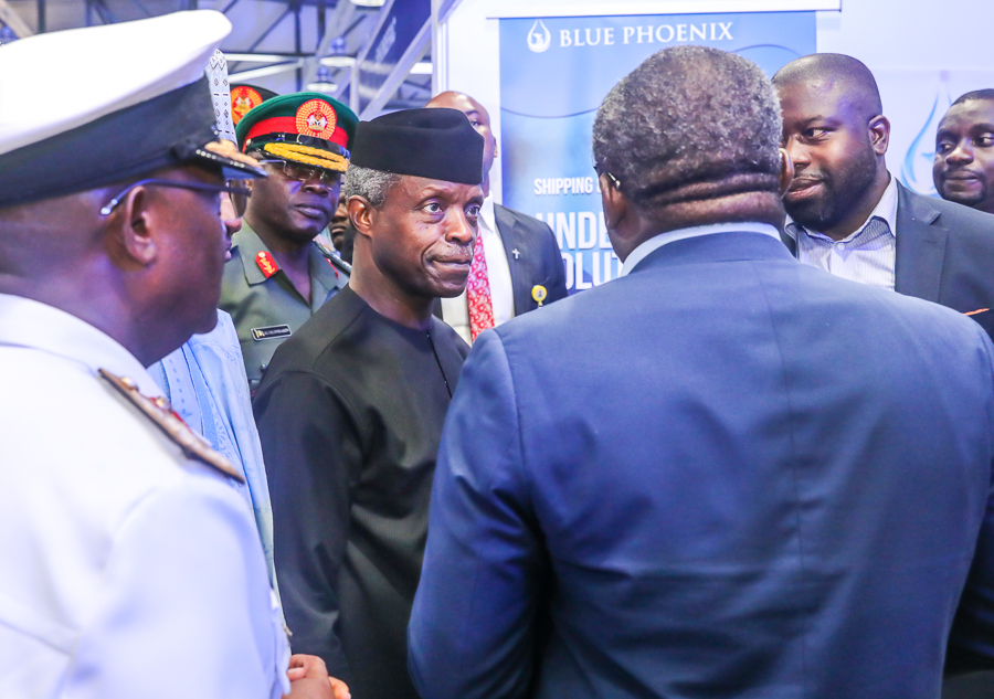 Vice President Yemi Osinbajo declared open the Nigerian Navy International Maritime Conference and Exercise. Theme: Enhancing an integrated Maritime Strategy for Security in the Gulf of Guinea at Admiralty Conference Centre, Naval Dockyard Limited, Lagos. May 31, 2018. Photos: State House