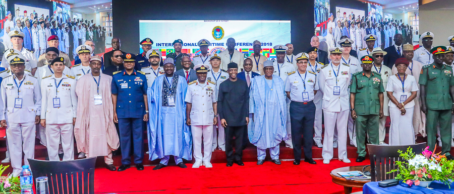 Vice President Yemi Osinbajo declared open the Nigerian Navy International Maritime Conference and Exercise. Theme: Enhancing an integrated Maritime Strategy for Security in the Gulf of Guinea at Admiralty Conference Centre, Naval Dockyard Limited, Lagos. May 31, 2018. Photos: State House