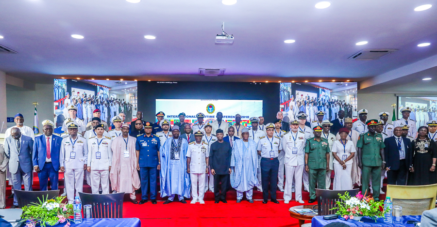 Vice President Yemi Osinbajo declared open the Nigerian Navy International Maritime Conference and Exercise. Theme: Enhancing an integrated Maritime Strategy for Security in the Gulf of Guinea at Admiralty Conference Centre, Naval Dockyard Limited, Lagos. May 31, 2018. Photos: State House