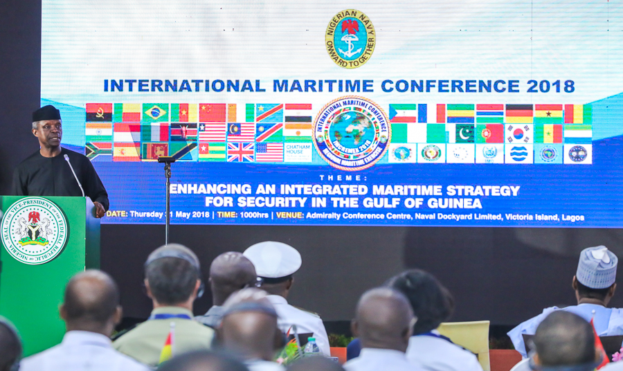 Vice President Yemi Osinbajo declared open the Nigerian Navy International Maritime Conference and Exercise. Theme: Enhancing an integrated Maritime Strategy for Security in the Gulf of Guinea at Admiralty Conference Centre, Naval Dockyard Limited, Lagos. May 31, 2018. Photos: State House
