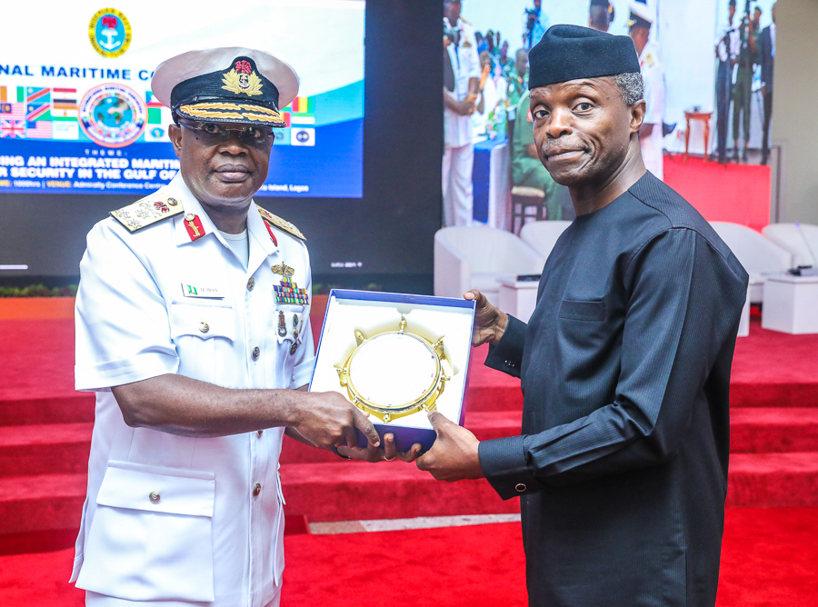 Vice President Yemi Osinbajo declared open the Nigerian Navy International Maritime Conference and Exercise. Theme: Enhancing an integrated Maritime Strategy for Security in the Gulf of Guinea at Admiralty Conference Centre, Naval Dockyard Limited, Lagos. May 31, 2018. Photos: State House
