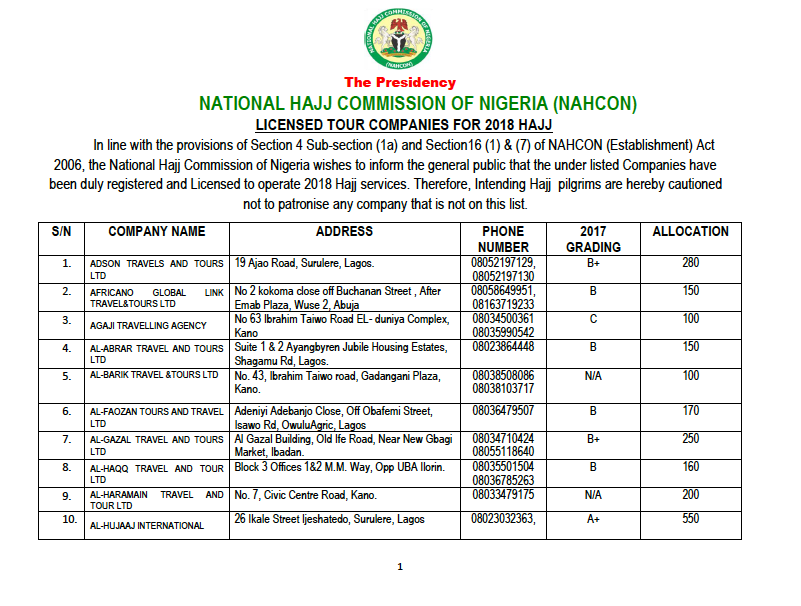 Licensed tour companies for 2018 Hajj