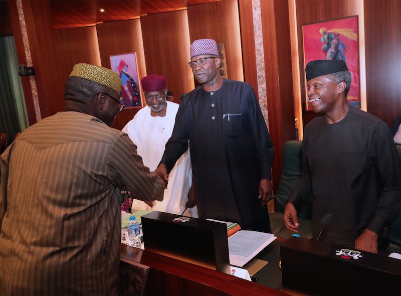President Muhammadu Buhari, Vice President Yemi Osinbajo and ministers bid Minister of Mines and Steel Development, Dr. Kayode Fayemi, farewell at the valedictory session before the commencement of the weekly Federal Executive Council (FEC) meeting at the Presidential Villa in Abuja.