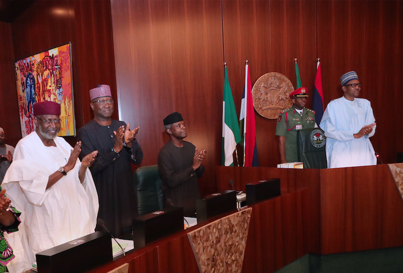 President Muhammadu Buhari, Vice President Yemi Osinbajo and ministers bid Minister of Mines and Steel Development, Dr. Kayode Fayemi, farewell at the valedictory session before the commencement of the weekly Federal Executive Council (FEC) meeting at the Presidential Villa in Abuja.