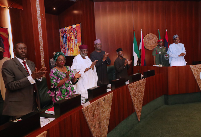 President Muhammadu Buhari, Vice President Yemi Osinbajo and ministers bid Minister of Mines and Steel Development, Dr. Kayode Fayemi, farewell at the valedictory session before the commencement of the weekly Federal Executive Council (FEC) meeting at the Presidential Villa in Abuja.
