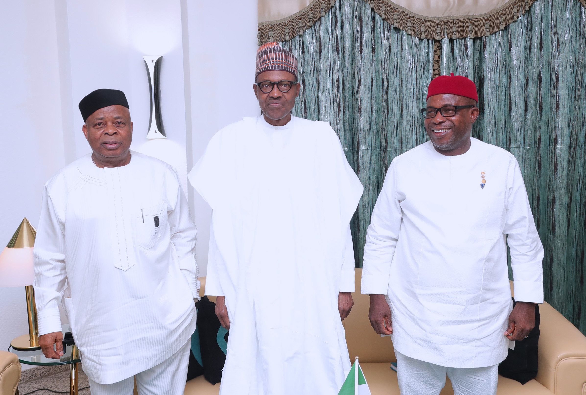 President Muhammadu Buhari receives former Senate President Senator Ken Nnamani and A billionaire Nigerian Businessman and the Chairman/CEO of Chrome Group and Environmental Remediation Holding Corp (ERHC Energy Inc.), Sir Emeka Offor during an audience at the State House. PHOTO: Sate House