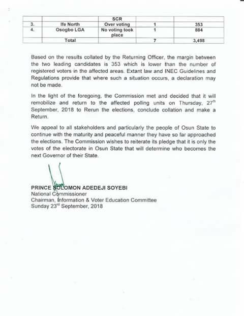 INEC letter on Osun rerun election