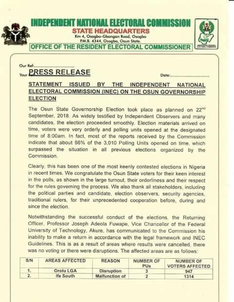 INEC letter on Osun rerun election
