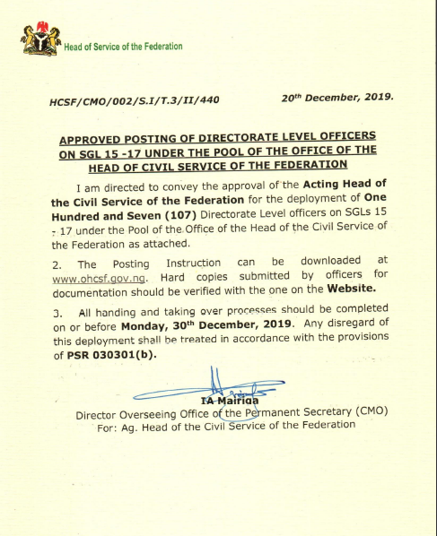 HoS announces posting of directors