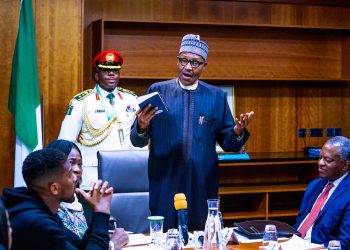 PHOTOS: Anthony Joshua presents belts to Buhari, prostrates
