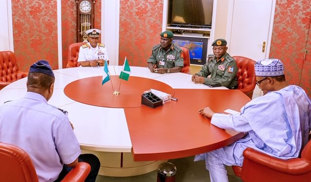 NSA Monguno absent as Buhari meets Service Chiefs