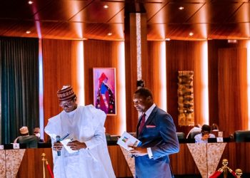 President Buhari and vice President Yemi Osinbajo at APC NEC. Photos: Tolani Alli