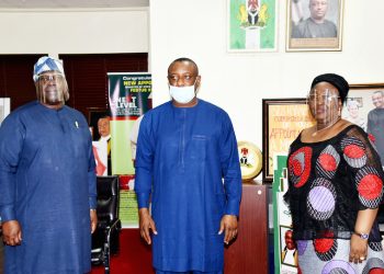 Minister of State for Labour and Employment, Mr Festus Keyamo receives NPC Chairman, Dr Tayo Oyetunji and NPC Federal Commissioner, Ma Seyi Aderinokun in his office