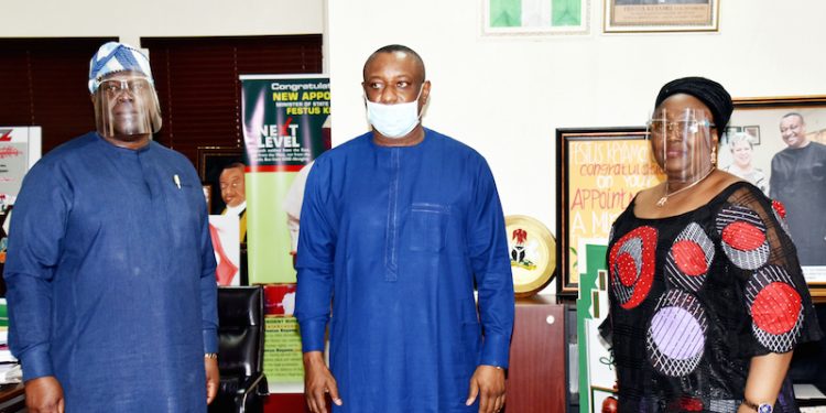 Minister of State for Labour and Employment, Mr Festus Keyamo receives NPC Chairman, Dr Tayo Oyetunji and NPC Federal Commissioner, Ma Seyi Aderinokun in his office