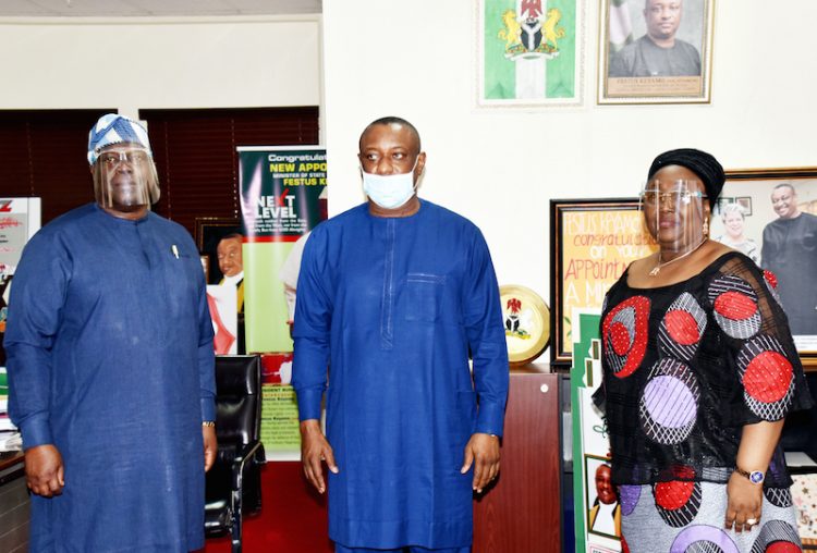 Minister of State for Labour and Employment, Mr Festus Keyamo receives NPC Chairman, Dr Tayo Oyetunji and NPC Federal Commissioner, Ma Seyi Aderinokun in his office