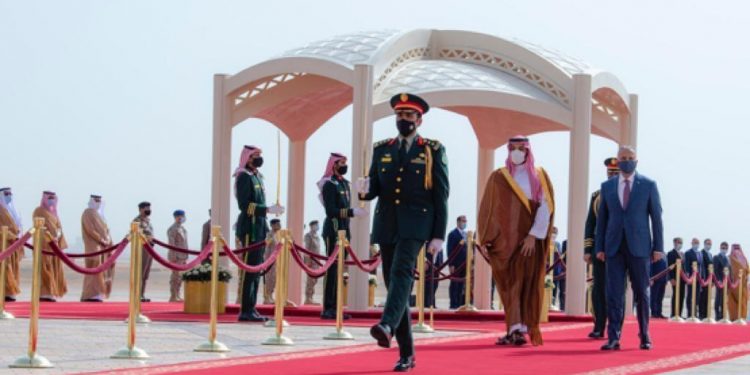 Saudi Arabia’s Crown Prince Mohammed bin Salman receives Iraqi Prime Minister Mustafa Al-Kadhimi in Riyadh