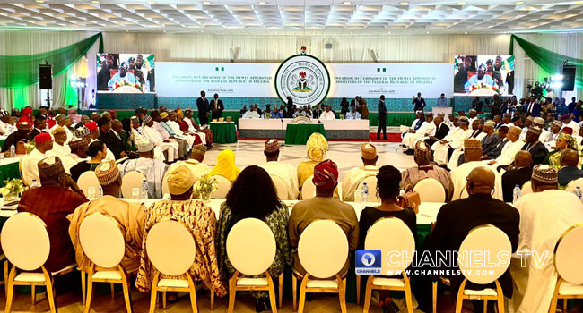 Tinubu swears in 45 ministers, harps on integrity, selfless service